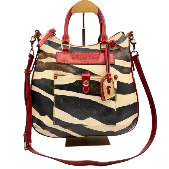 Rare Vintage Dooney & Bourke Zebra Red Trim Distressed Leather Safari Satchel - Picture 2 of 13